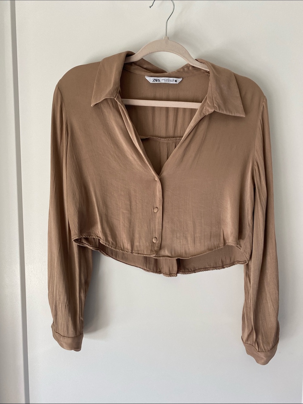 Zara Cropped Button-Front Long Sleeve Shirt - Beige Brown